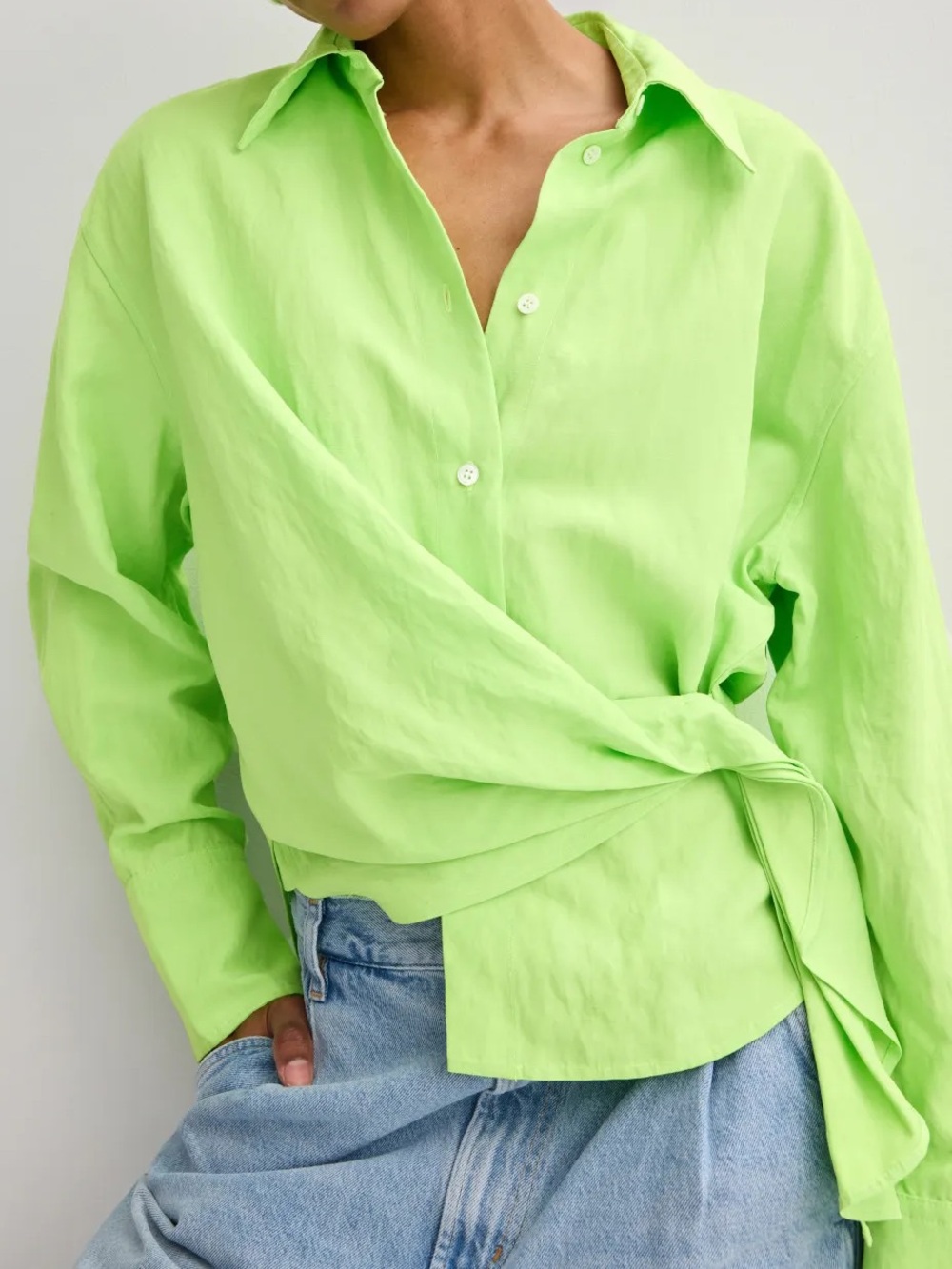 JW ANDERSON Lime Green Draped Twisted Button Down Collar Shirt